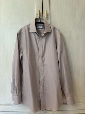 Charles Tyrwhitt Men's Tan/White Herringbone Dress Shirt - Spread Collar 15/33